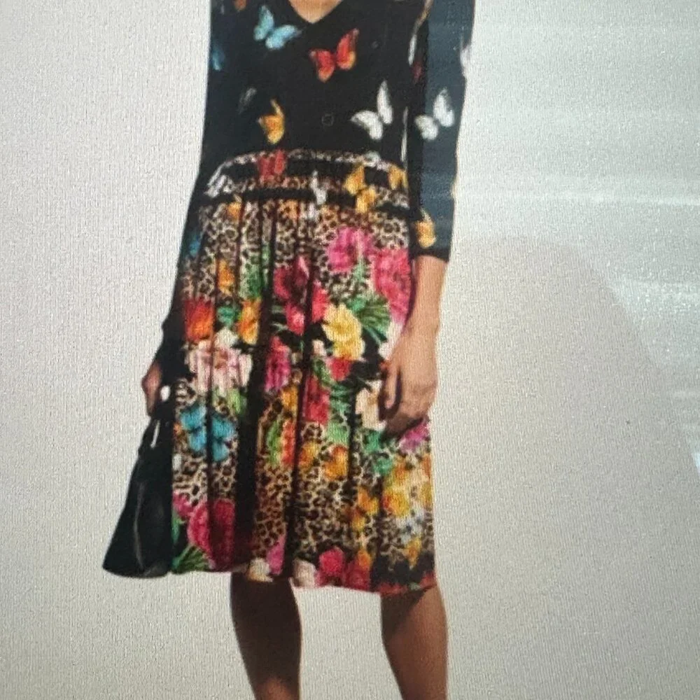 Johnny Was Sandra Multicolor Butterflies Floral Tiered V-Neck Dress 3/4 Sleeve - Picture 2 of 9